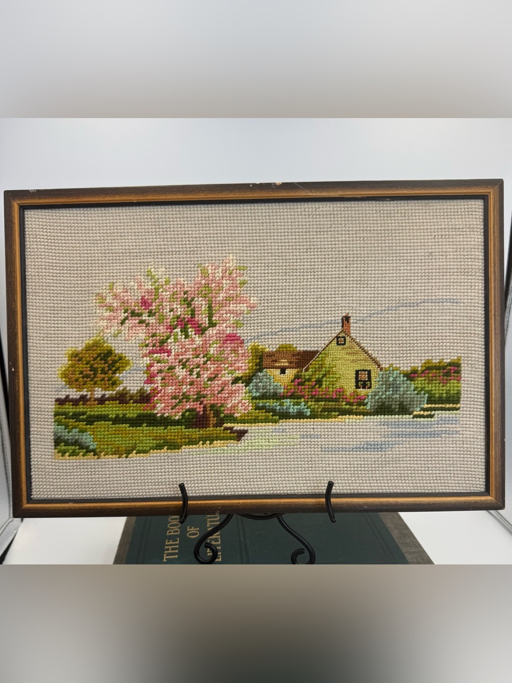 Vintage Framed Needlepoint Cottage Landscape w/ Cherry Blossom Tree 14x9”